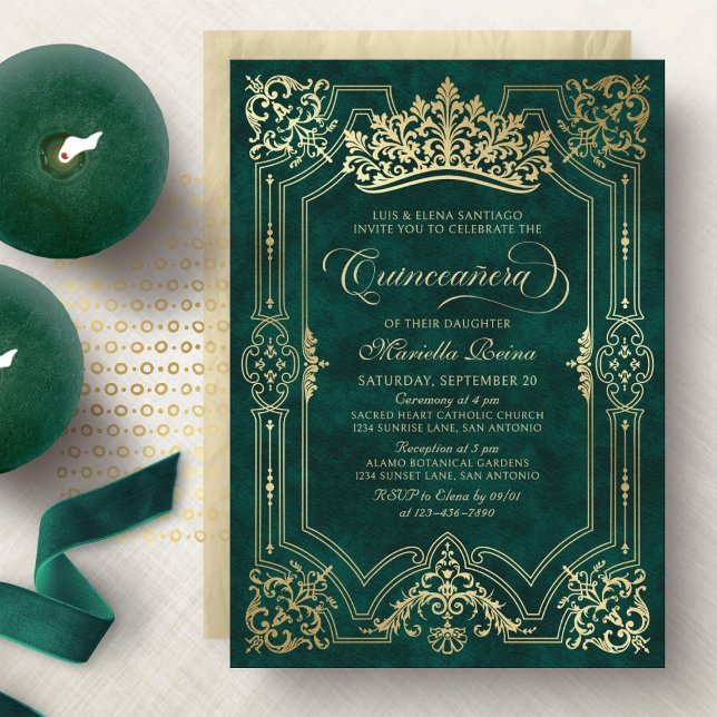 Invitation Green Crown Tiara Elegant Quinceanera (Créateur téléchargé)