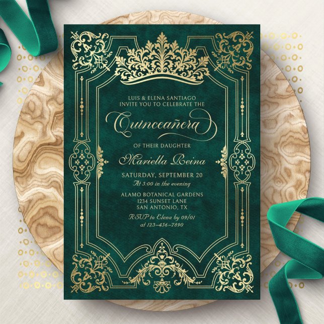 Invitation Green Crown Tiara Elegant Quinceanera (Créateur téléchargé)