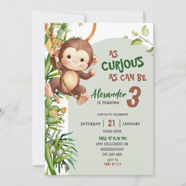 Invitation Green Curious Monkey Savannah Theme Birthday (Devant)