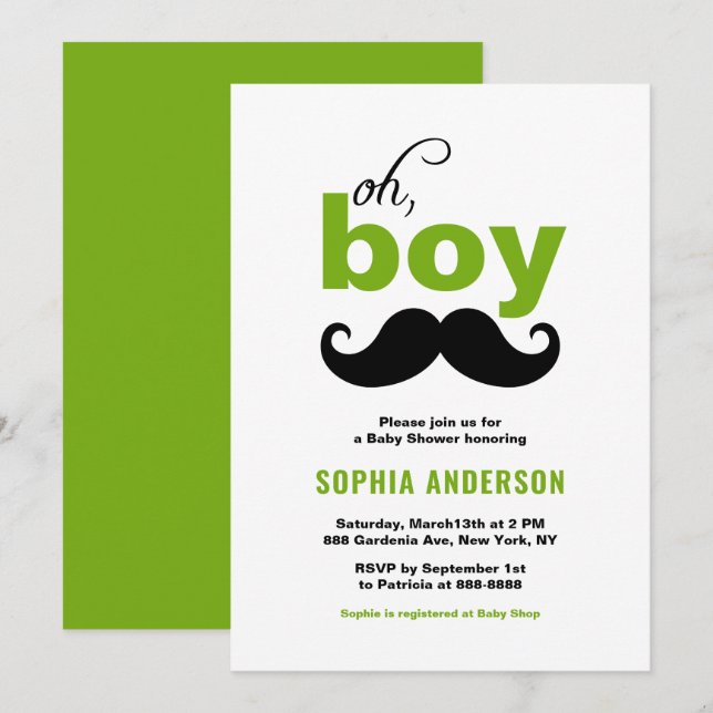 Invitation Green Cute C'est un Baby shower de moustache garço (Devant / Derrière)