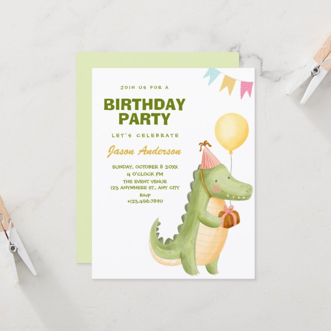 Invitation Green cute crocodile birthday (Devant/Arrière en situation)