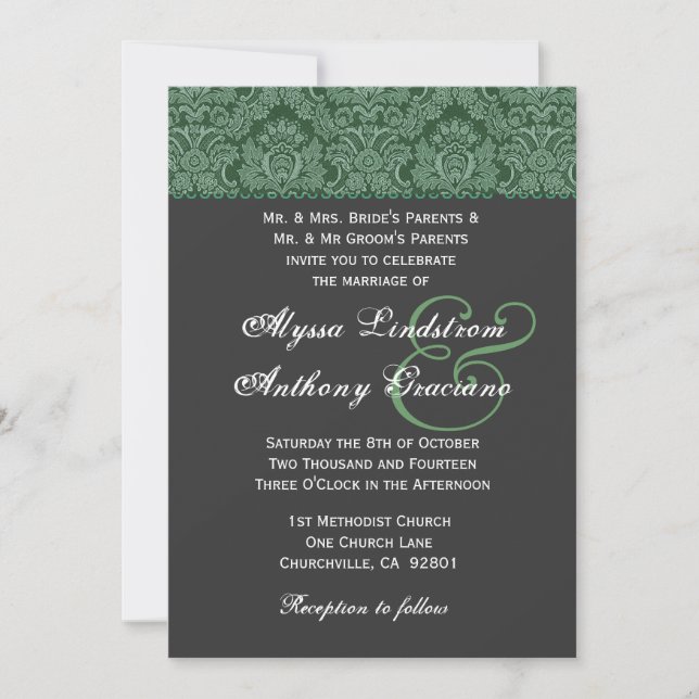 Invitation Green Dark Grey Mariage damassé (Devant)