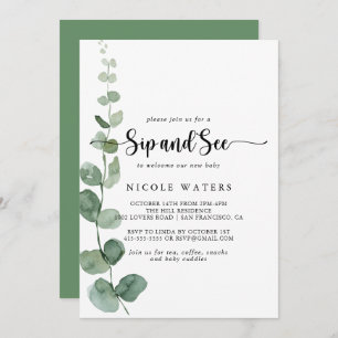 Invitation Green Delight Eucalyptus Calligraphy Sip and See