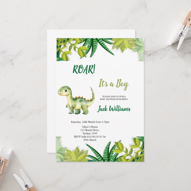 INVITATION  GREEN DINOSAUR  BABYSHOWER  (Devant/Arrière en situation)