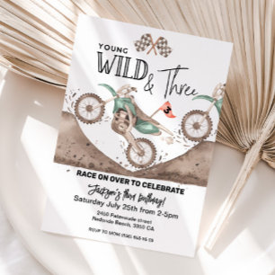 Invitation Green Dirt Bike 3e anniversaire Young WILD et TROI