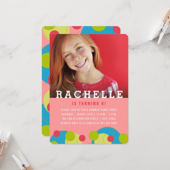 Invitation Green Dots Bubbles Enfant Photo Fête d'anniversair (Devant/Arrière en situation)