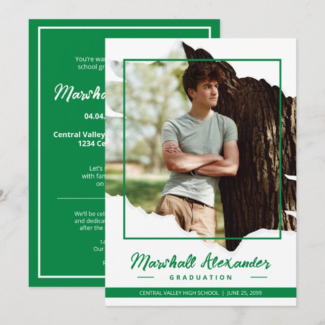 Invitation Green Edgy Abstrait Torn Photo Graduation (Devant / Derrière)