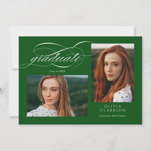 Invitation Green Elegant Script 3 Photo Graduation Party (Devant)