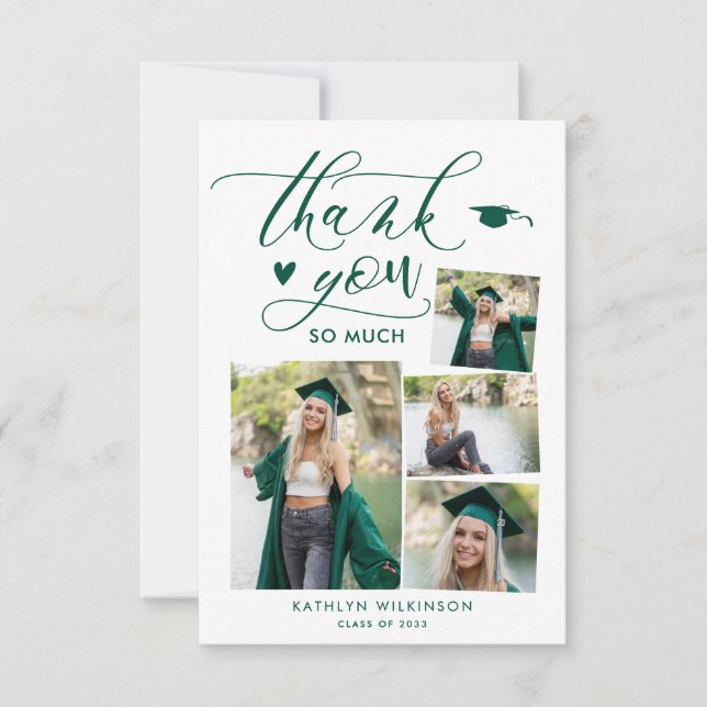 Invitation Green Elegant Script 4 Photo Graduation Merci (Devant)