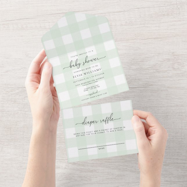 Invitation Green En vichy All In One baby shower (Déchirure)