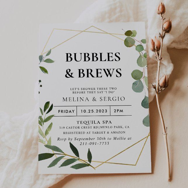 Invitation Green Eucalyptus Bubbles & Brews Douche nuptiale (Créateur téléchargé)