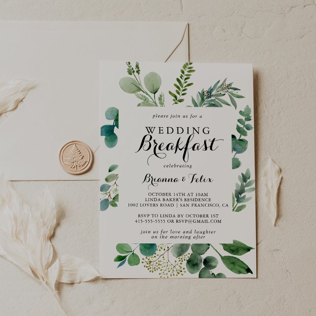 Invitation Green Eucalyptus Calligraphy Mariage Petit déjeune (Créateur téléchargé)