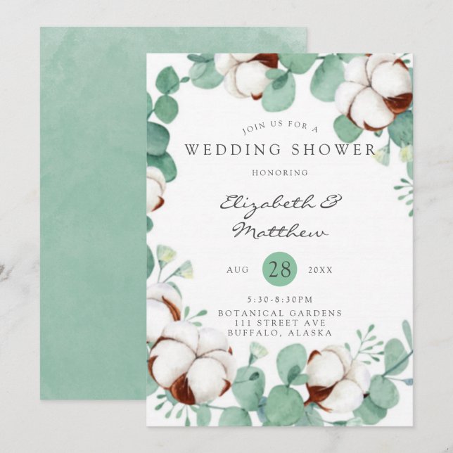Invitation Green Eucalyptus et Wedding shower de coton Invita (Devant / Derrière)