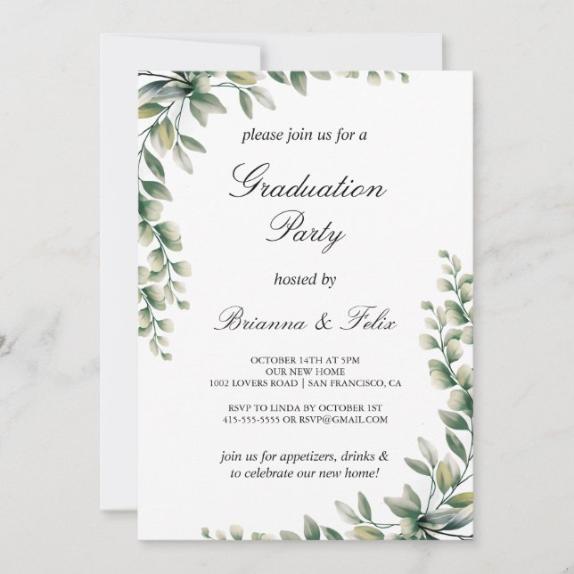 Invitation Green Eucalyptus Feuille Botanical Graduical Party (Devant)