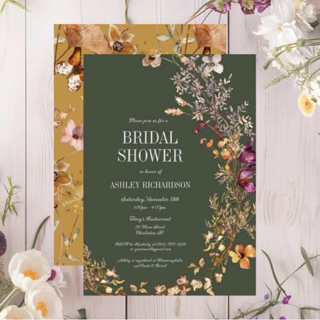 Invitation Green Fall Floral Boho nuptiale de douche Invitati (Fall Floral Bridal Shower Invitation, Green, Yellow Wildflowers, Autumn Wedding Events)