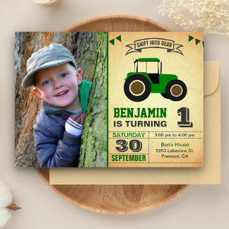 Invitation Green Farm Tractor Enfants Photo Fête d'anniversai