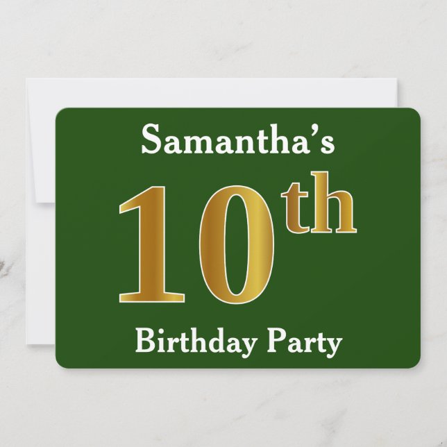 Invitation Green, Faux Gold 10e fête d'anniversaire + Nom per (Devant)