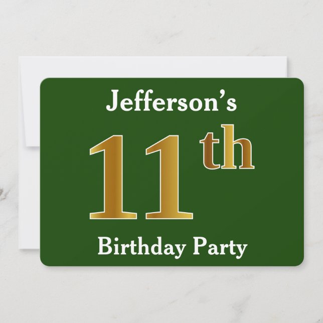 Invitation Green, Faux Gold 11e fête d'anniversaire + Nom per (Devant)
