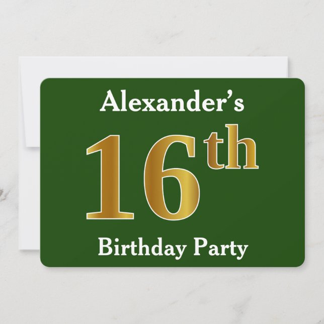 Invitation Green, Faux Gold 16e fête d'anniversaire + Nom per (Devant)