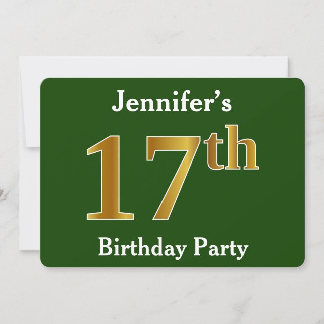 Invitation Green, Faux Gold 17th Birthday Party + Nom personn (Devant)