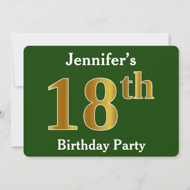 Invitation Green, Faux Gold 18e fête d'anniversaire + Nom per (Devant)