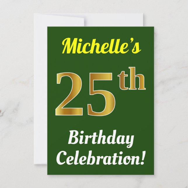 Invitation Green, Faux Gold 25th Birthday Celebration + Nom (Devant)
