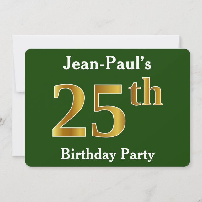 Invitation Green, Faux Gold 25th Birthday Party + Nom personn (Devant)