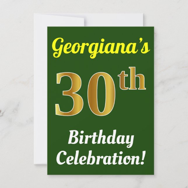 Invitation Green, Faux Gold 30th Birthday Celebration + Nom (Devant)