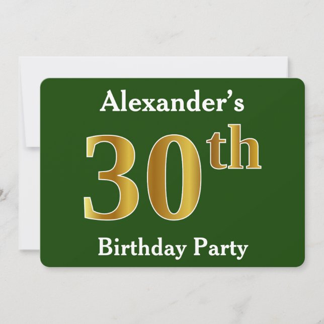 Invitation Green, Faux Gold 30th Birthday Party + Nom personn (Devant)
