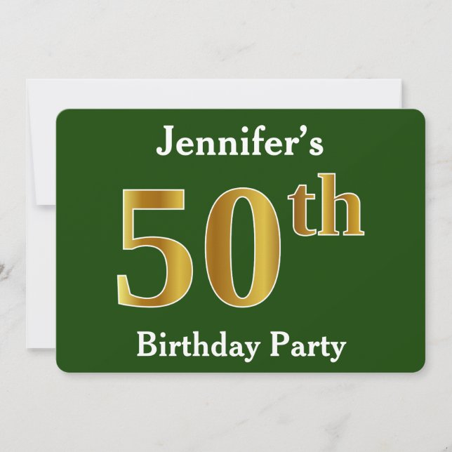 Invitation Green, Faux Gold 50th Birthday Party + Nom personn (Devant)