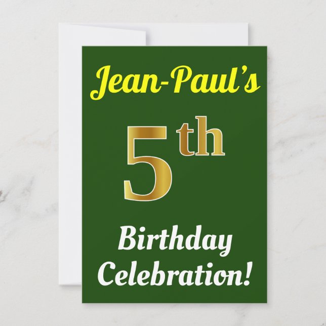 Invitation Green, Faux Gold 5e anniversaire Célébration + Nom (Devant)