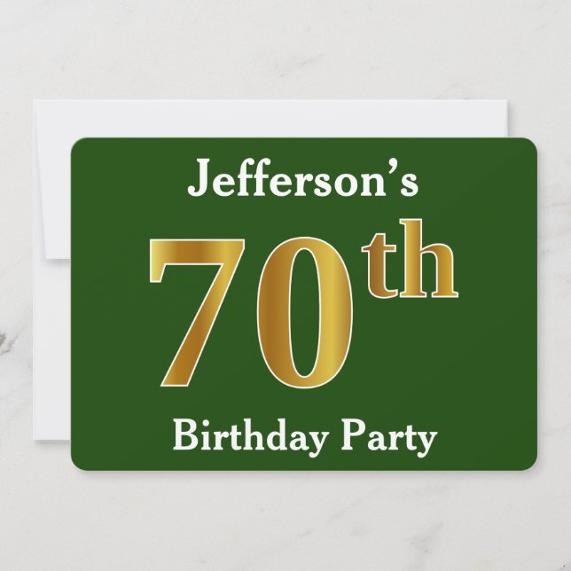 Invitation Green, Faux Gold 70th Birthday Party + Nom personn (Devant)