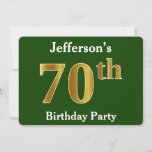 Invitation Green, Faux Gold 70th Birthday Party   Nom personn<br><div class="desc">Ce design d'invitation comporte le numéro ordinal "70th" avec une apparence d'or. Il comporte également un nom personnalisé et un arrière - plan vert. Les détails de l'événement sur le dos peuvent être personnalisés. Il pourrait être utilisé pour invitation des gens à la soixante-dixième fête d’anniversaire de quelqu’un. [~Z0000013]</div>