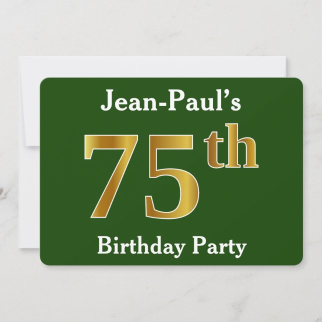 Invitation Green, Faux Gold 75e fête d'anniversaire + Nom per (Devant)