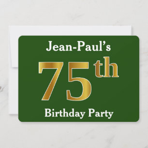 Invitation Green, Faux Gold 75th Birthday Party + Nom personn