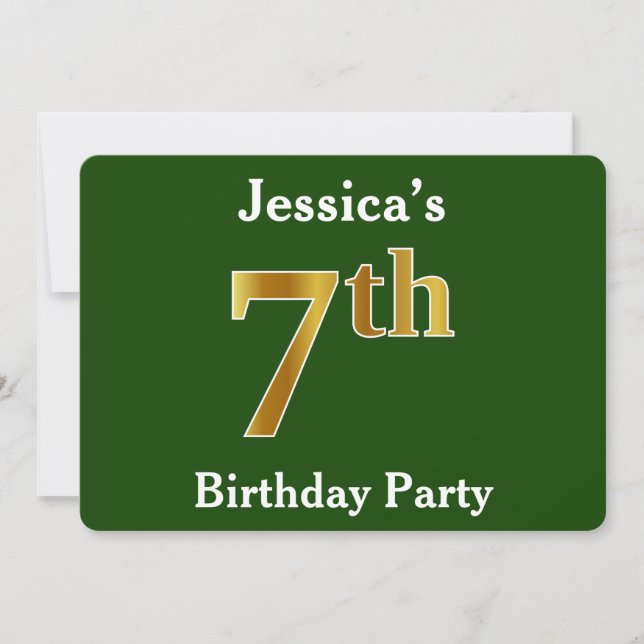 Invitation Green, Faux Gold 7e fête d'anniversaire + Nom pers (Devant)