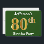 Invitation Green, Faux Gold 80th Birthday Party   Nom personn<br><div class="desc">Cette conception d'invitation comporte le numéro ordinal "80e" avec un aspect faux or. Il dispose également d'un nom personnalisé et d'un arrière - plan vert. Les détails de l'événement sur le dos peuvent être customisés. Il pourrait être utilisé pour les invitations à la fête du quatre-vingtième anniversaire de quelqu’un. [~Z0000013]...</div>