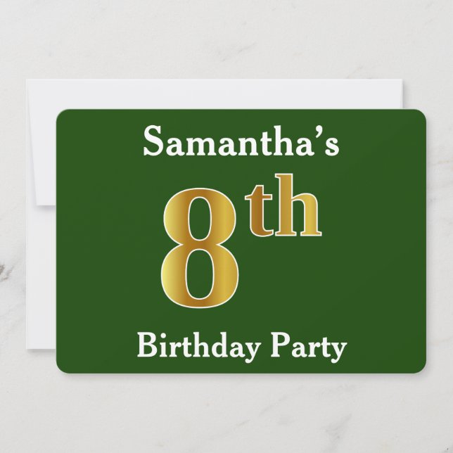 Invitation Green, Faux Gold 8e fête d'anniversaire + Nom pers (Devant)