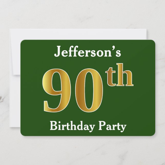 Invitation Green, Faux Gold 90th Birthday Party + Nom personn (Devant)