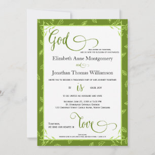 Invitation Green Feuille God is Love Christian Mariage Card
