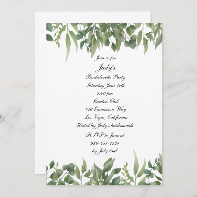 Invitation Green Feuille Green Foliage Bachelorette Party (Devant / Derrière)