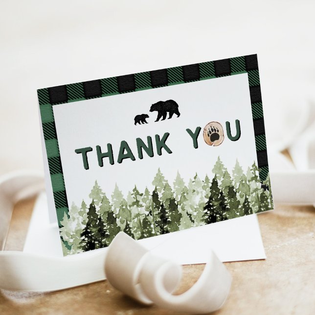 Invitation Green Flannel Bear Pine Tree Thank You Card (Créateur téléchargé)