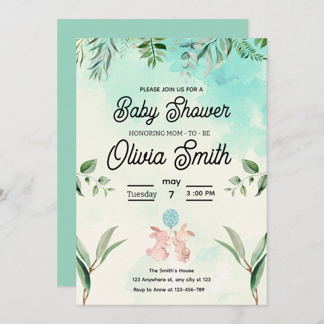 Invitation Green Floral Baby Shower, Spring Baby Shower  (Devant / Derrière)