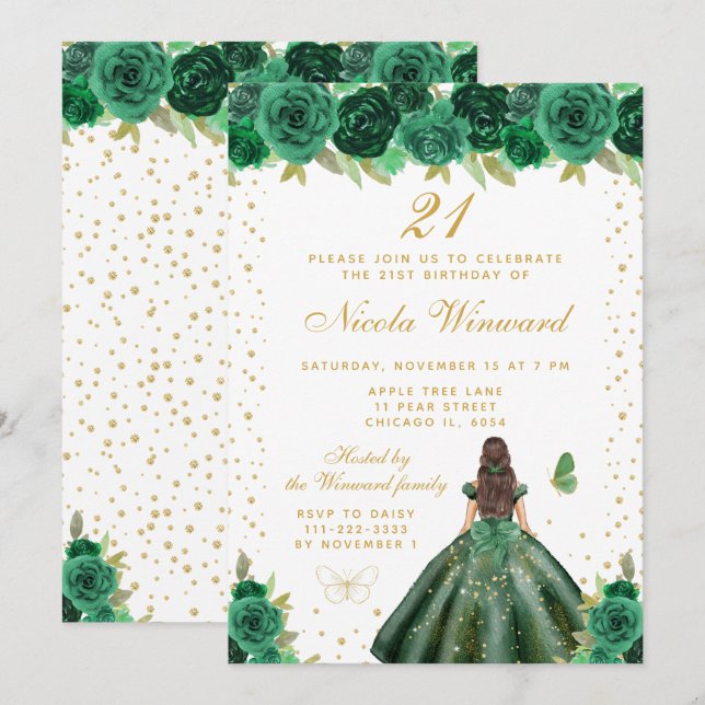 Invitation Green Floral Brunette Hair Princess Birthday Party (Devant / Derrière)