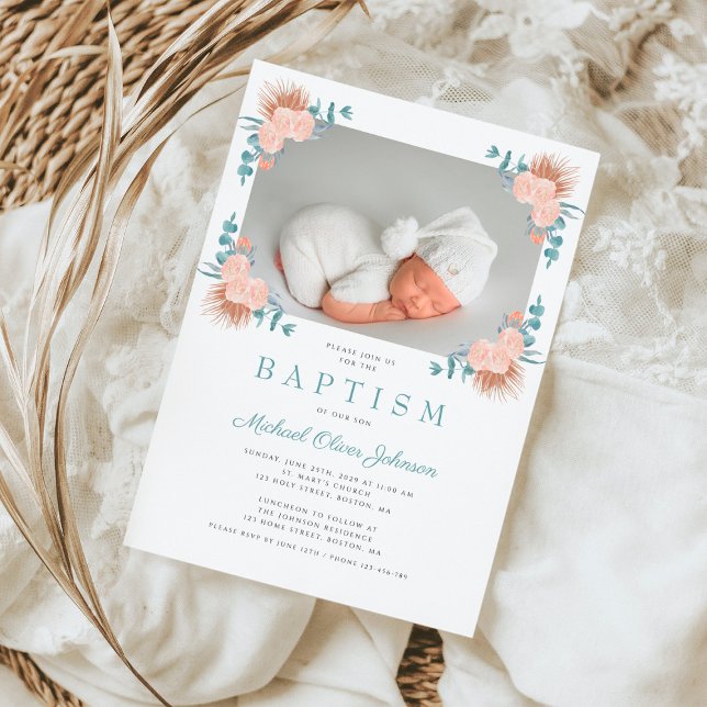 Invitation Green Floral Elegant Boy Photo Baptême (Green Floral Elegant Boy Photo Baptism Invitation)