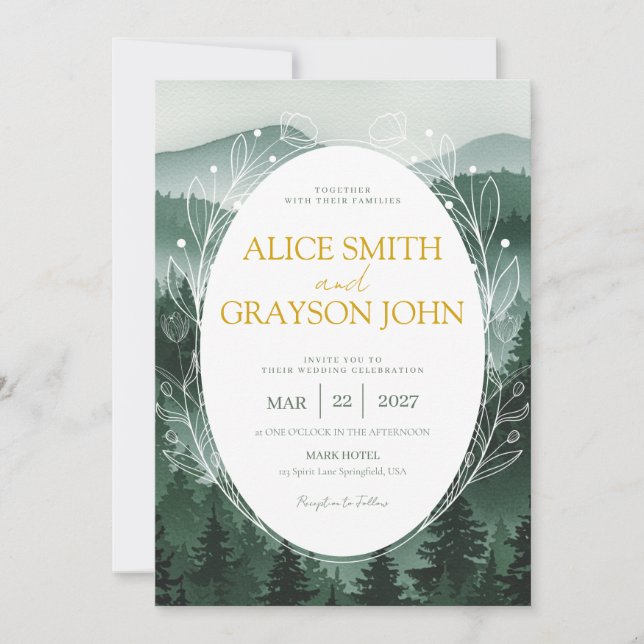 Invitation Green Floral Forest Classic Watercolor Wedding  (Devant)