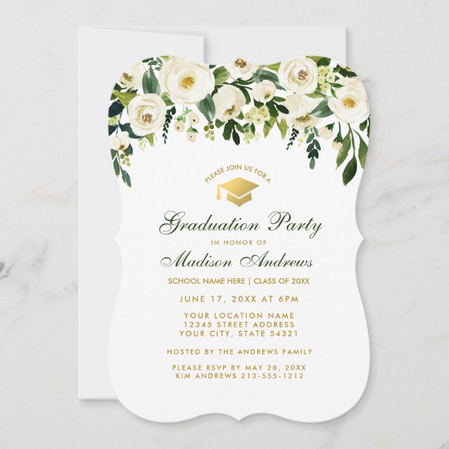 Invitation Green Floral Gold Graduation Party (Devant)