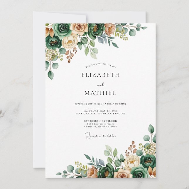 Invitation Green Floral Verdant Wedding (Devant)