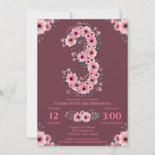Invitation Green Foliage Big 3ème anniversaire fille Fleurs r