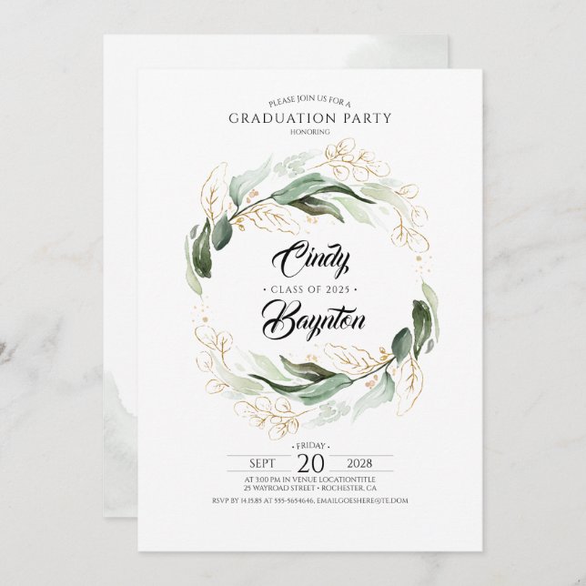 Invitation Green Foliage et Gold Feuilles (Devant / Derrière)